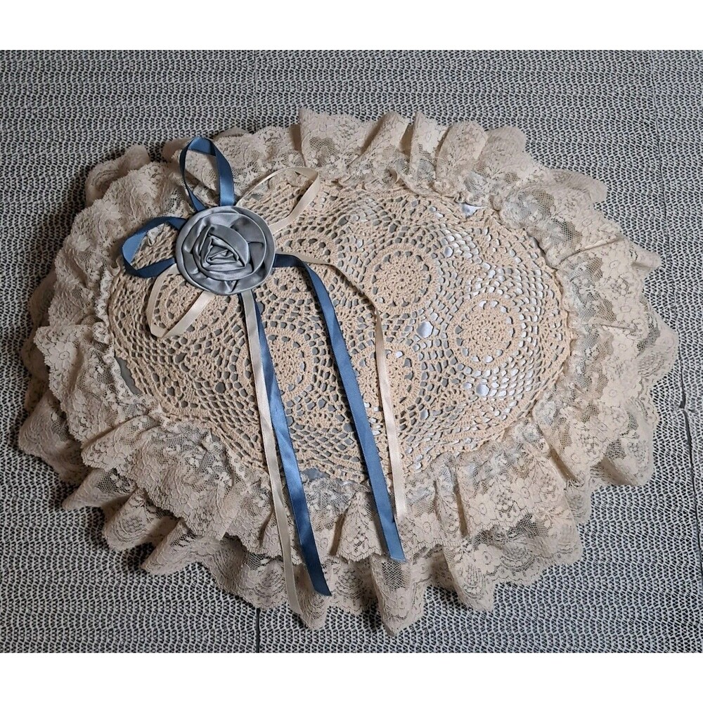 Vtg Boudoir Pillow Satin Doily Lace Ribbon Handmade Granny Core Blue Ivory 80s